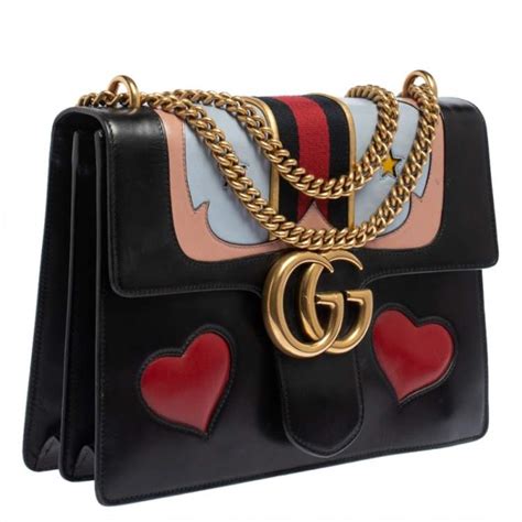 gucci gg marmont web heart shoulder black leather bag|Gucci Marmont suede bag.